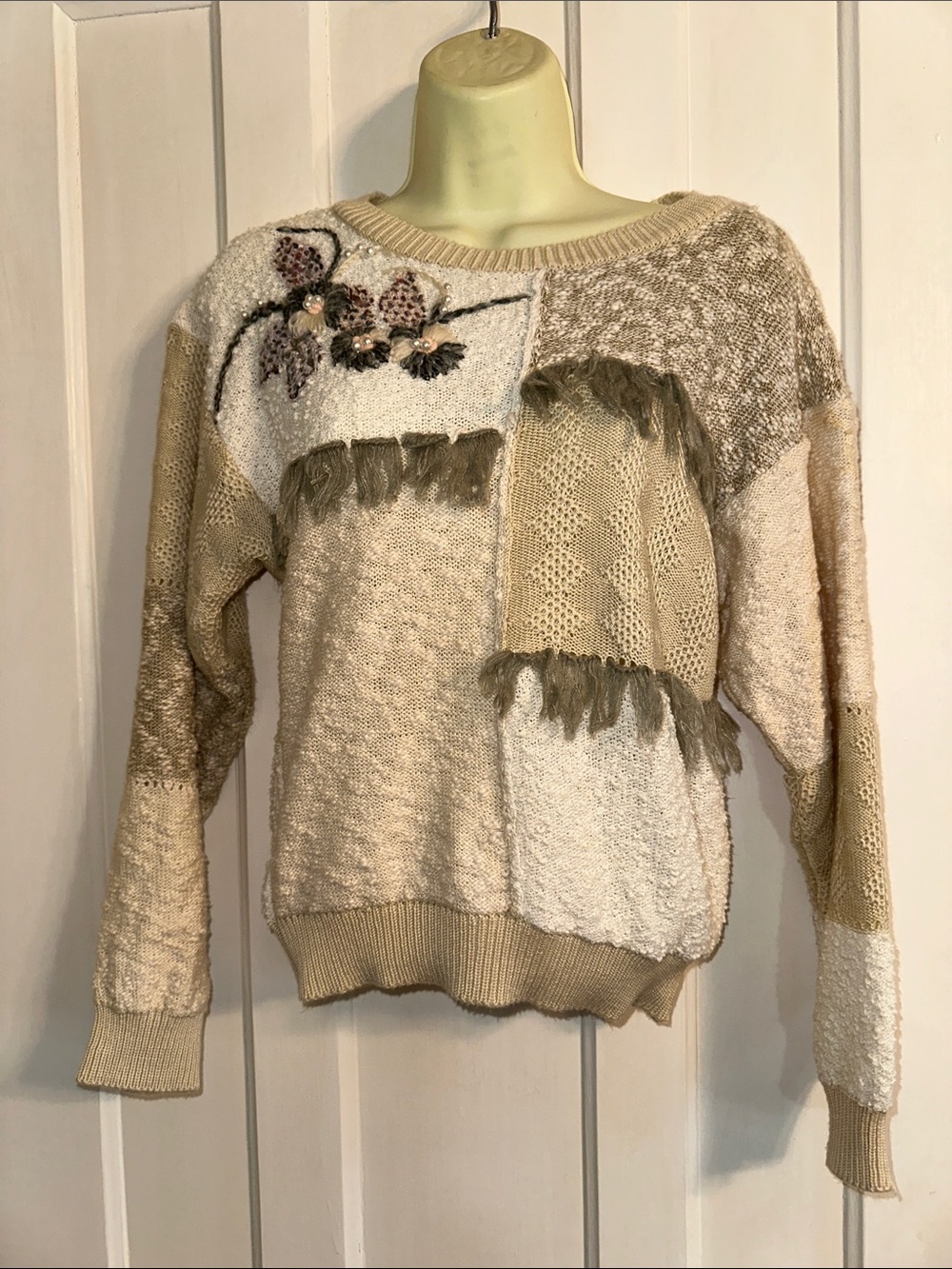 Vintage 80s Mariea Kim Neutral Patchwork Fringe Pullover Sweater - Cream & Tan